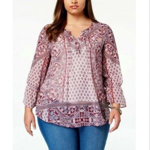 Style & Co Foulard Plum Mixed Print Peasant Top 0X